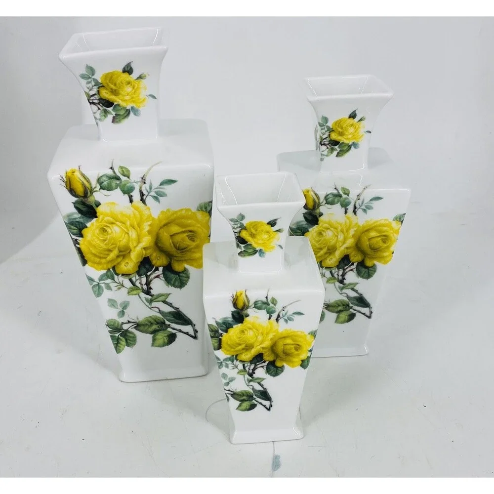 Vintage Godinger 3 Pc Vase Set Yellow Rose Cottage Core Practical Magic W/ Box
